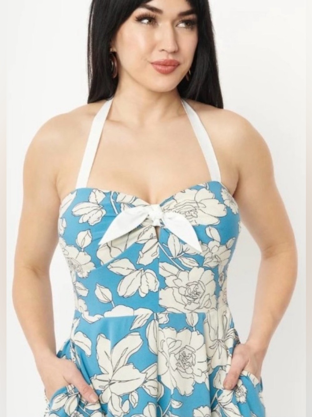 Unique Vintage Blue & White Floral Bouquet Swing Dress size L / 10-12 - Picture 2 of 6